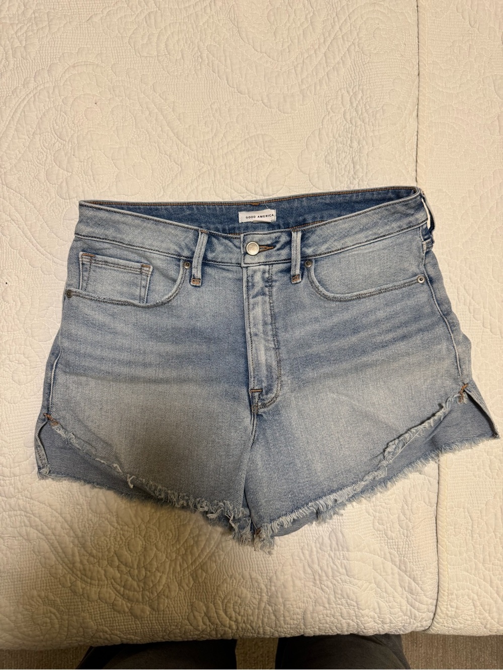 Good American Faded Light Blue High-Rise Cutoff Shorts